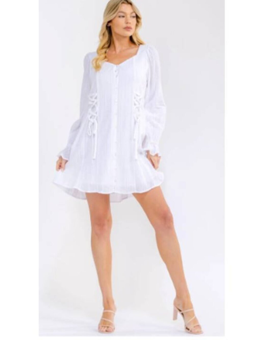 Women's Elegant Long Sleeve Lace-Up Mini Dress Cotton Party White Bridal Shower
